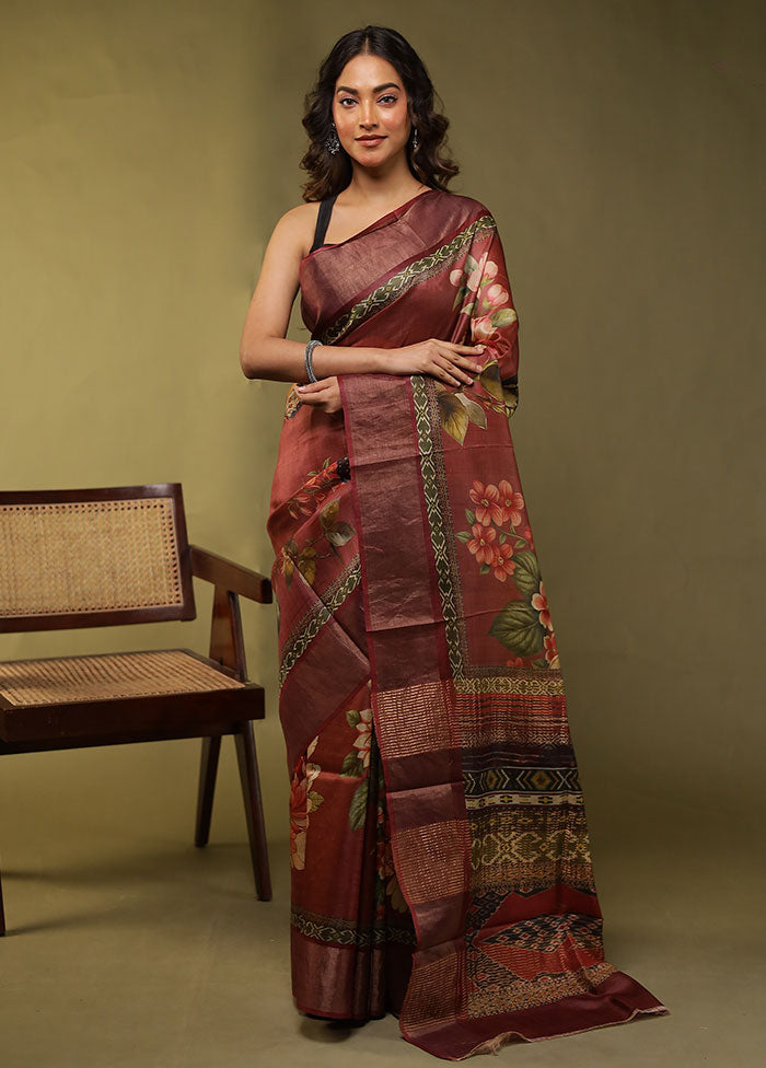 Maroon Handloom Tussar Pure Silk Saree With Blouse Piece