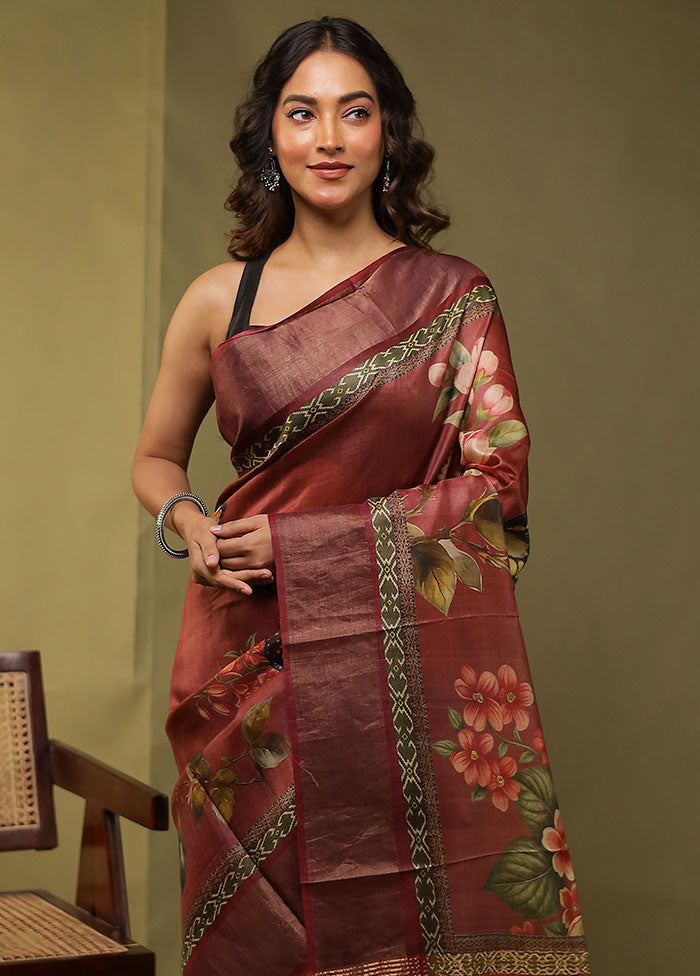 Maroon Handloom Tussar Pure Silk Saree With Blouse Piece