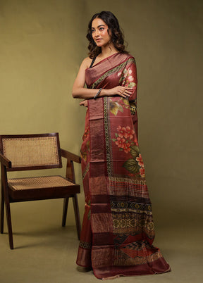 Maroon Handloom Tussar Pure Silk Saree With Blouse Piece