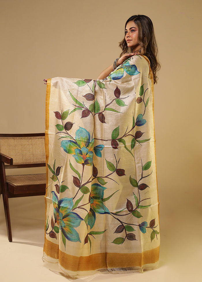 Multicolor Handloom Tussar Pure Silk Saree With Blouse Piece