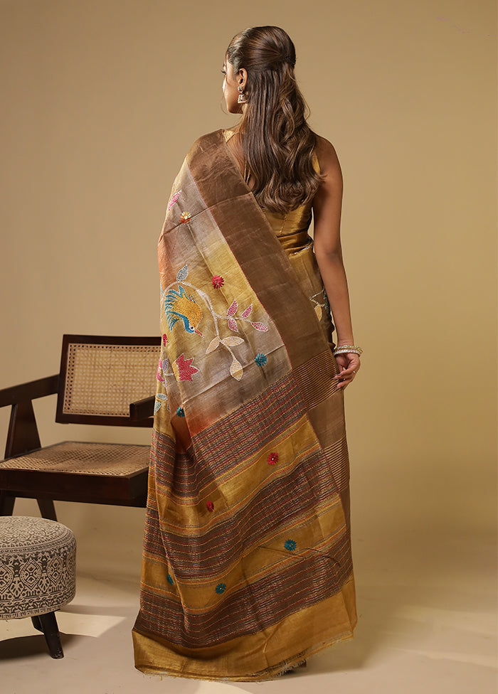 Multicolor Handloom Tussar Pure Silk Saree With Blouse Piece