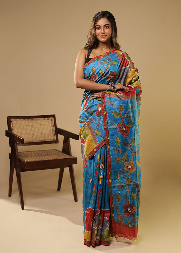 Multicolor Handloom Tussar Pure Silk Saree With Blouse Piece