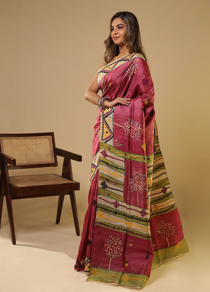 Multicolor Handloom Tussar Pure Silk Saree With Blouse Piece
