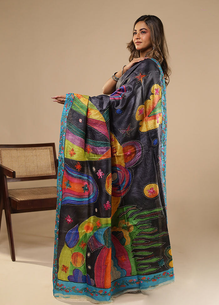 Multicolor Handloom Tussar Pure Silk Saree With Blouse Piece