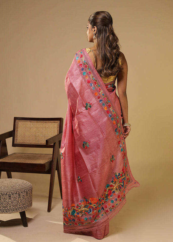 Peach Handloom Tussar Pure Silk Saree With Blouse Piece