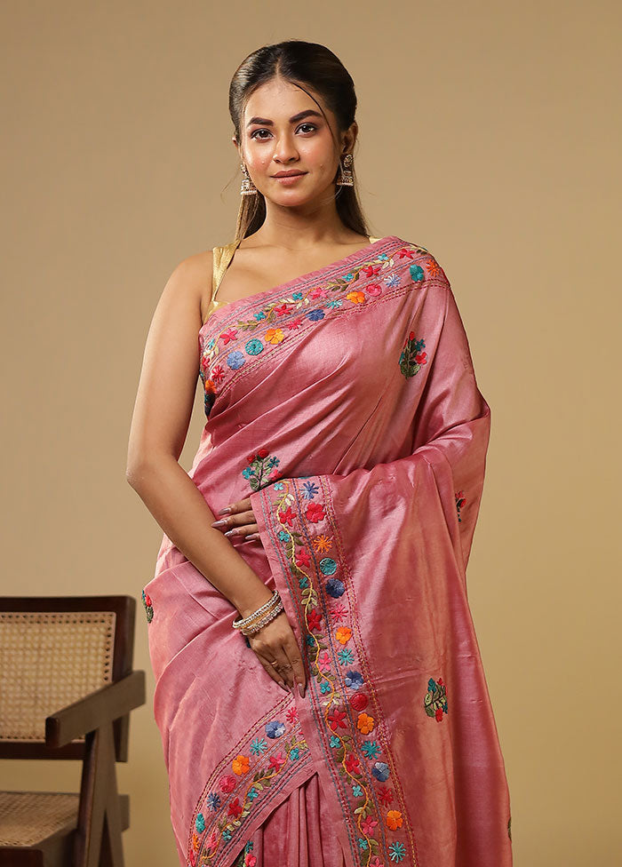 Purple Handloom Tussar Pure Silk Saree With Blouse Piece
