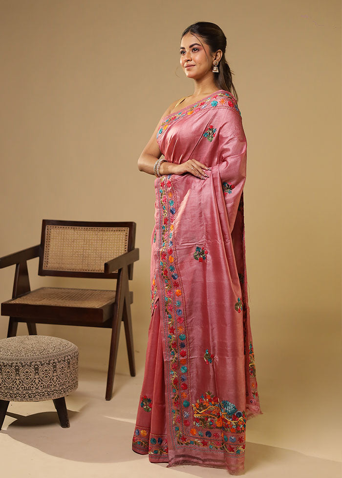 Peach Handloom Tussar Pure Silk Saree With Blouse Piece