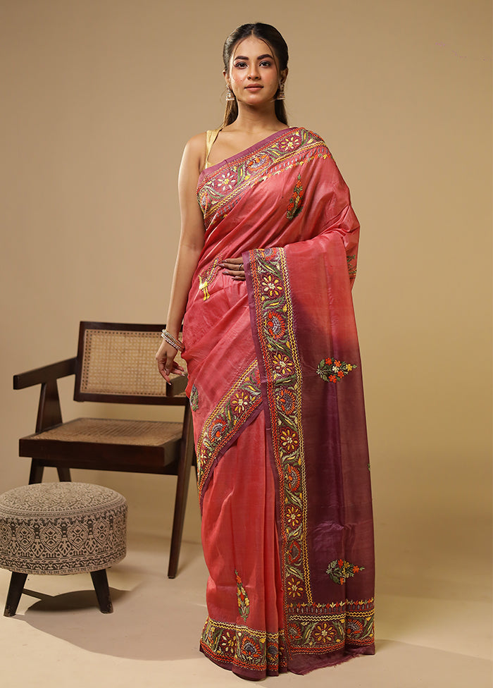 Purple Handloom Tussar Pure Silk Saree With Blouse Piece