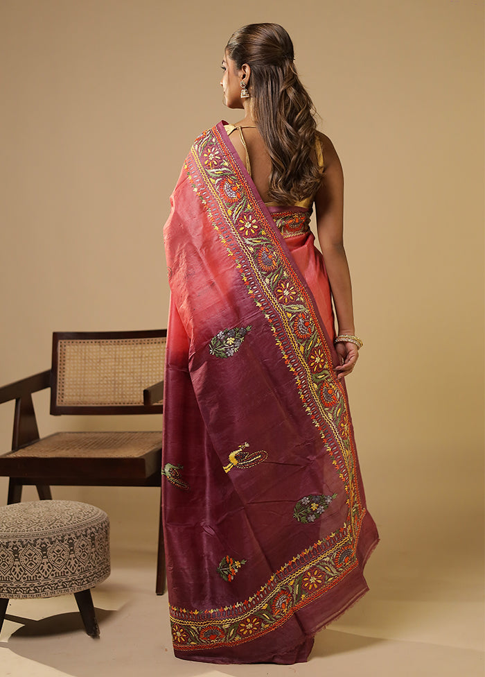 Purple Handloom Tussar Pure Silk Saree With Blouse Piece