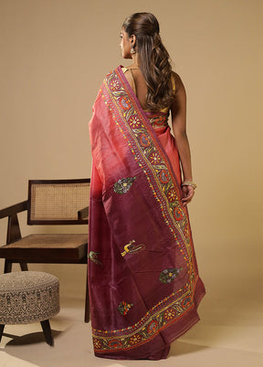 Red Handloom Tussar Pure Silk Saree With Blouse Piece