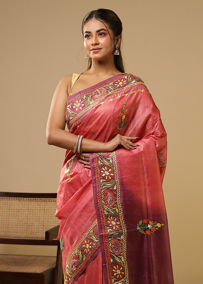 Purple Handloom Tussar Pure Silk Saree With Blouse Piece