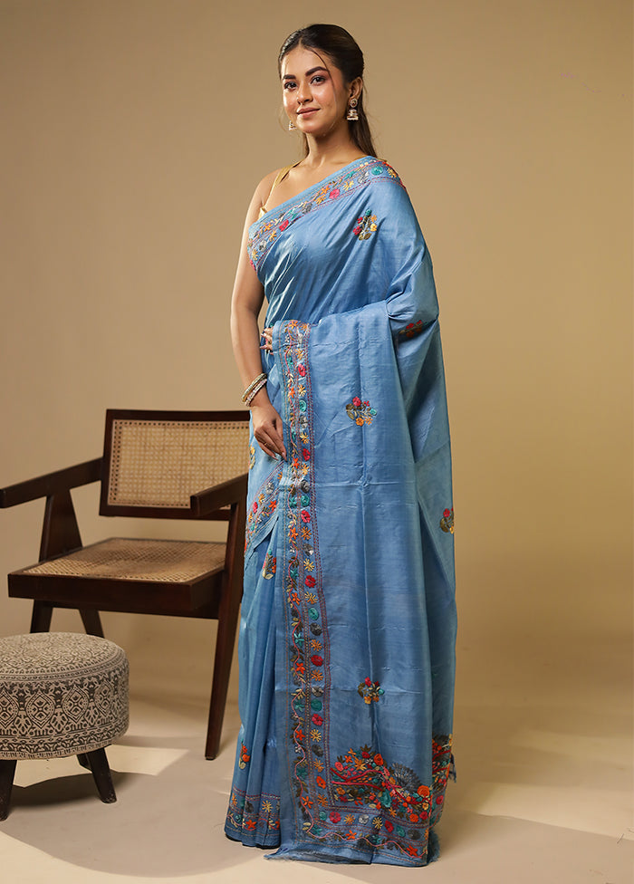 Blue Handloom Tussar Pure Silk Saree With Blouse Piece