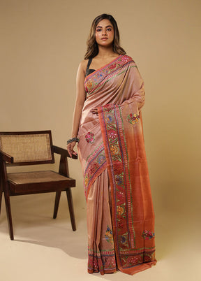 Pink Handloom Tussar Pure Silk Saree With Blouse Piece