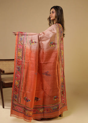 Pink Handloom Tussar Pure Silk Saree With Blouse Piece