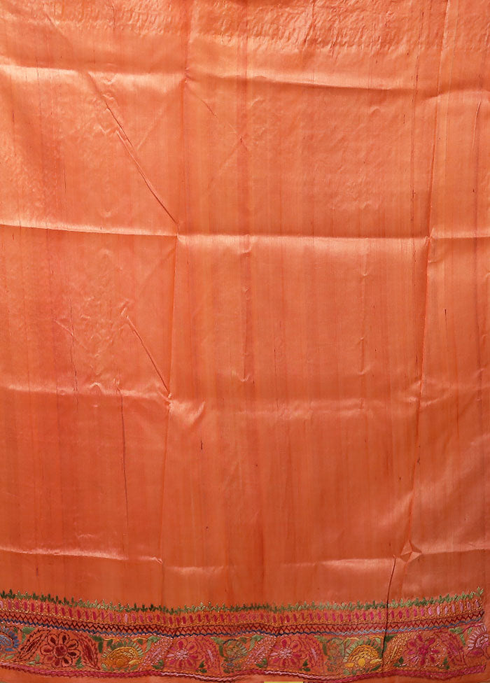 Rust Handloom Tussar Pure Silk Saree With Blouse Piece