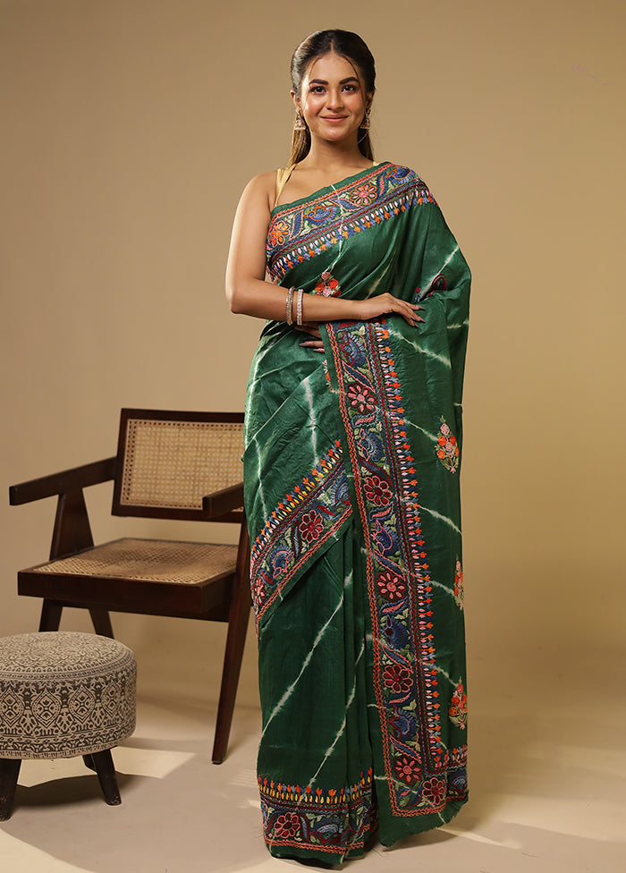 Green Handloom Tussar Pure Silk Saree With Blouse Piece