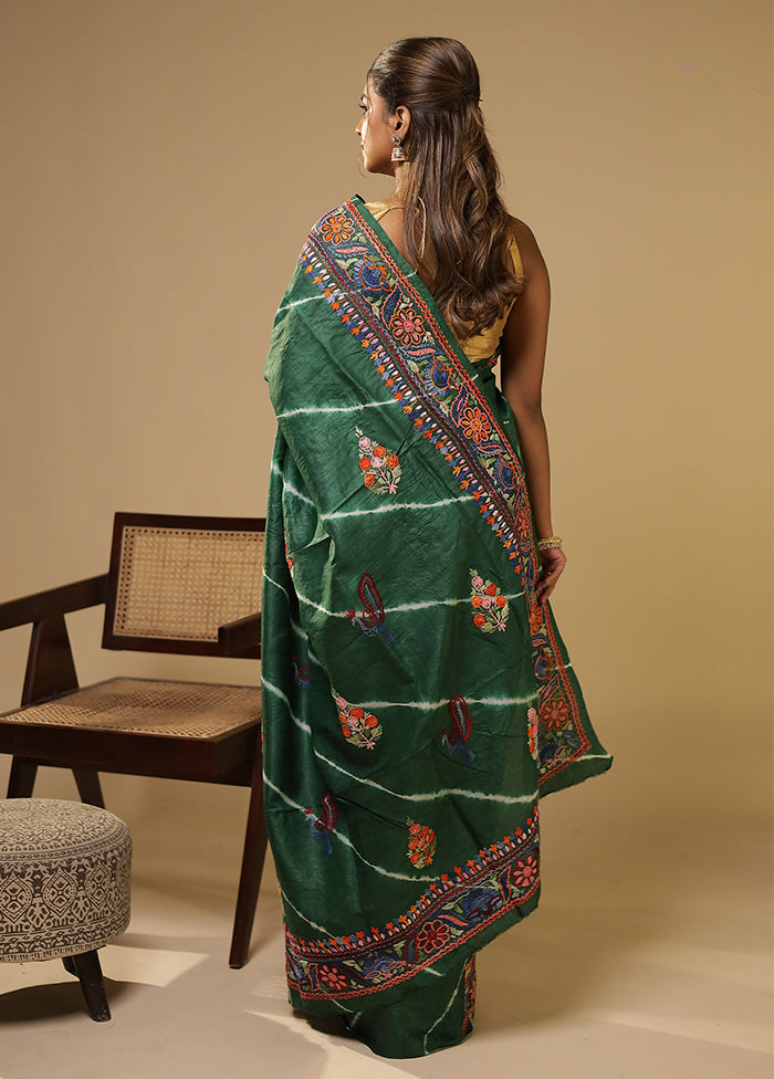 Green Handloom Tussar Pure Silk Saree With Blouse Piece