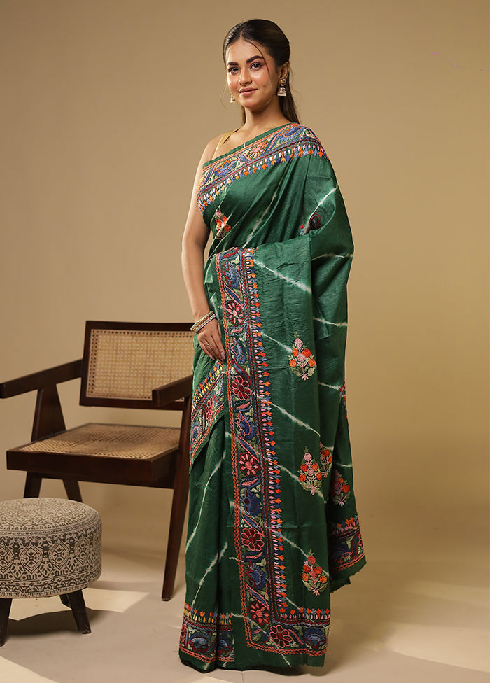 Green Handloom Tussar Pure Silk Saree With Blouse Piece