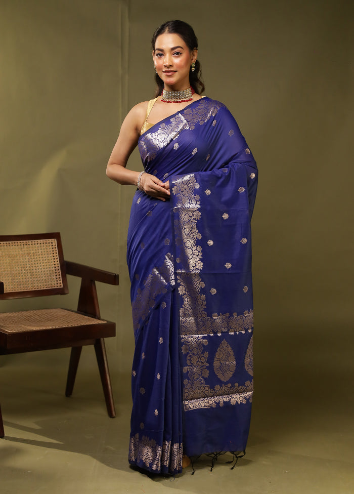 Blue Cotton Saree With Blouse Piece