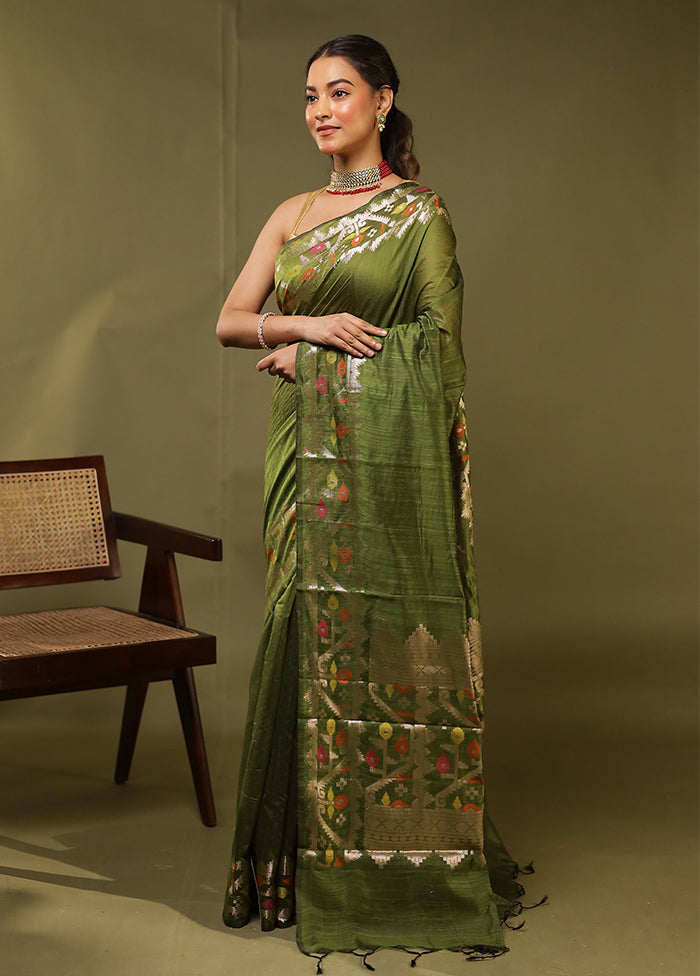 Green Cotton Saree With Blouse Piece