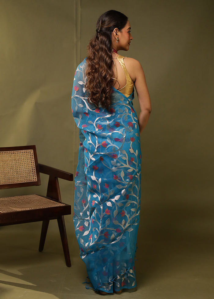 Blue Organza Saree With Blouse Piece