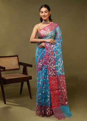 Blue Organza Saree With Blouse Piece