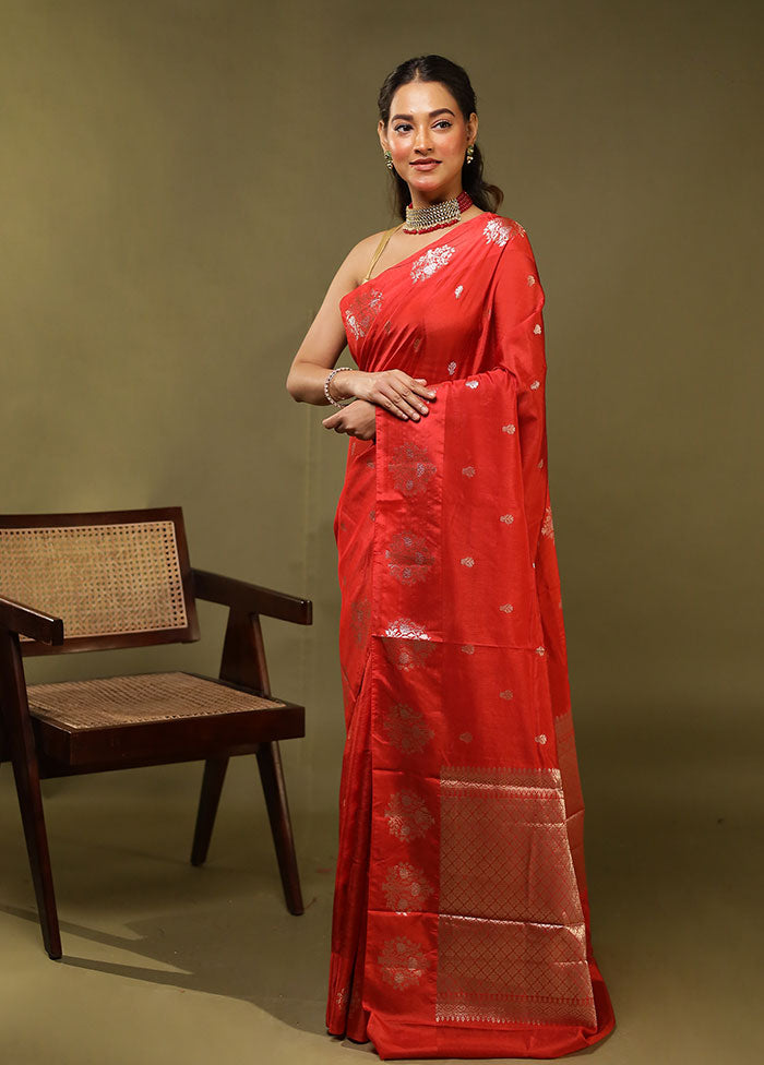 Red Dupion Silk Saree With Blouse Piece