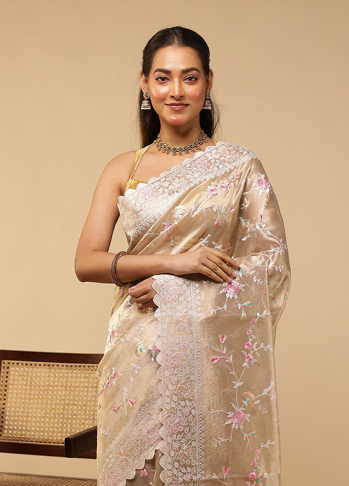Cream Tissue Silk Saree With Blouse Piece