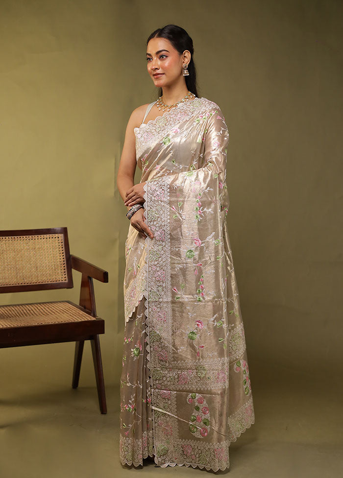 Cream Tissue Silk Saree With Blouse Piece