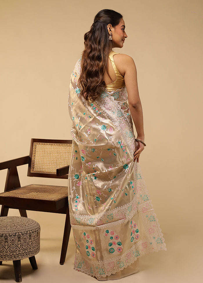 Cream Tissue Silk Saree With Blouse Piece
