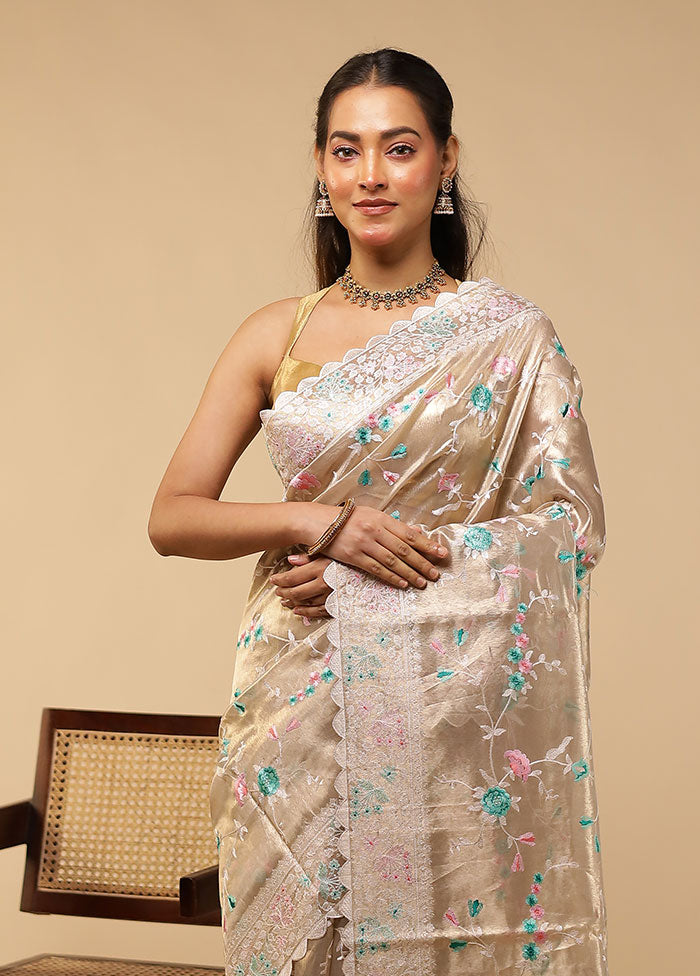 Cream Tissue Silk Saree With Blouse Piece