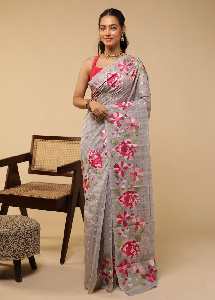 Grey Pure Cotton Saree With Blouse Piece