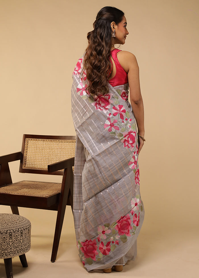 Grey Pure Cotton Saree With Blouse Piece