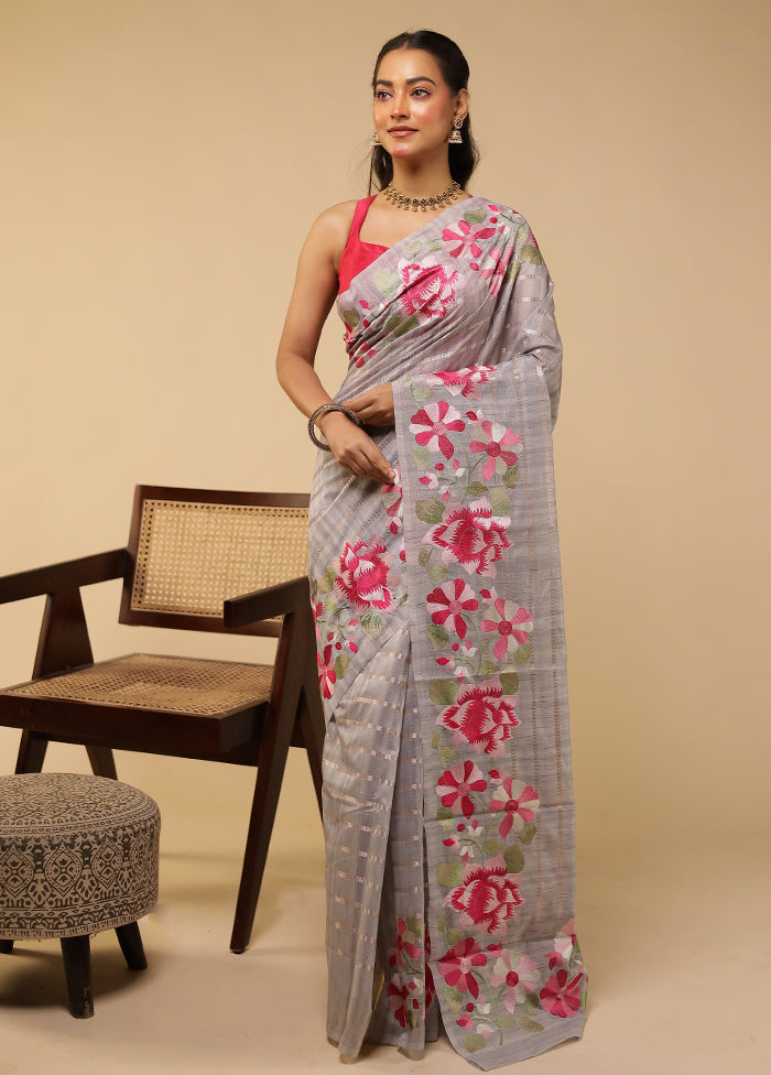 Grey Pure Cotton Saree With Blouse Piece
