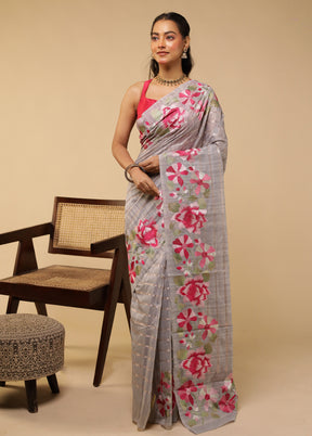 Grey Pure Cotton Saree With Blouse Piece