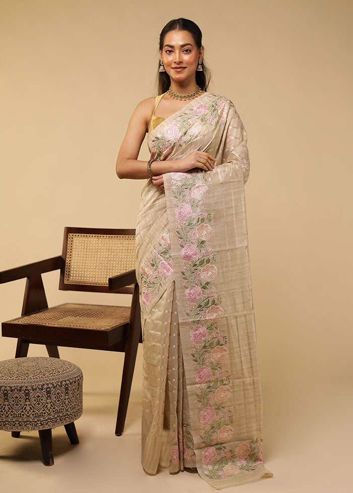 Cream Pure Cotton Saree With Blouse Piece