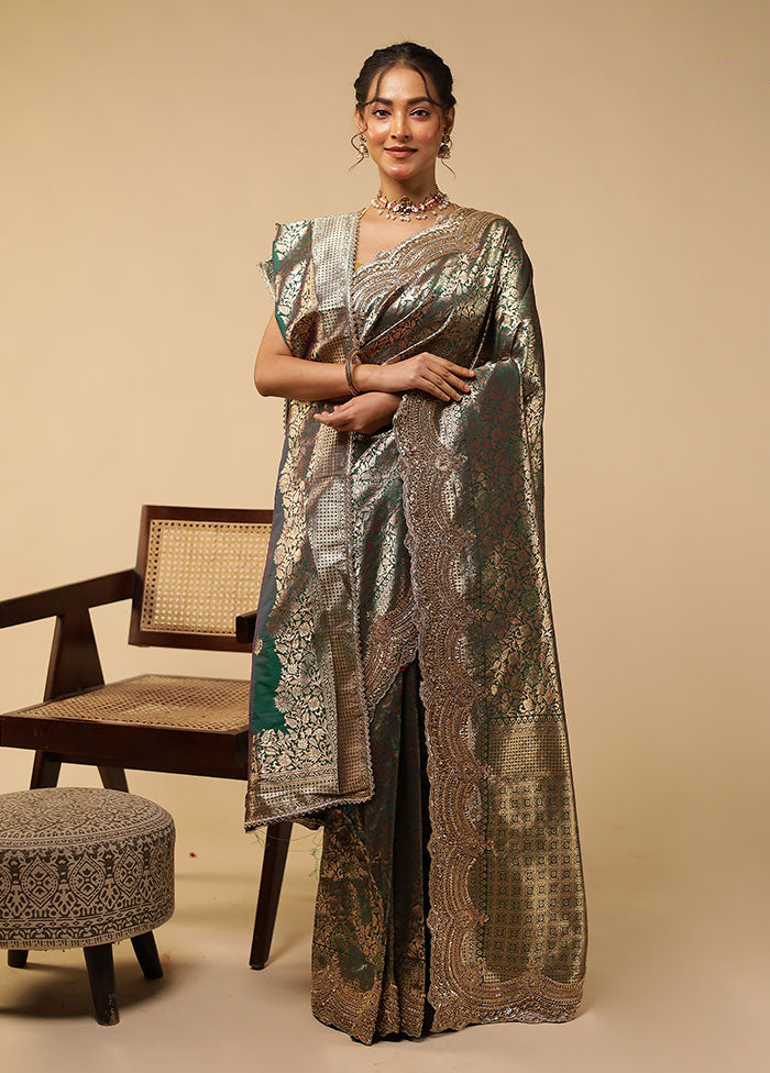 Green Handloom Pure Georgette Saree With Blouse Piece