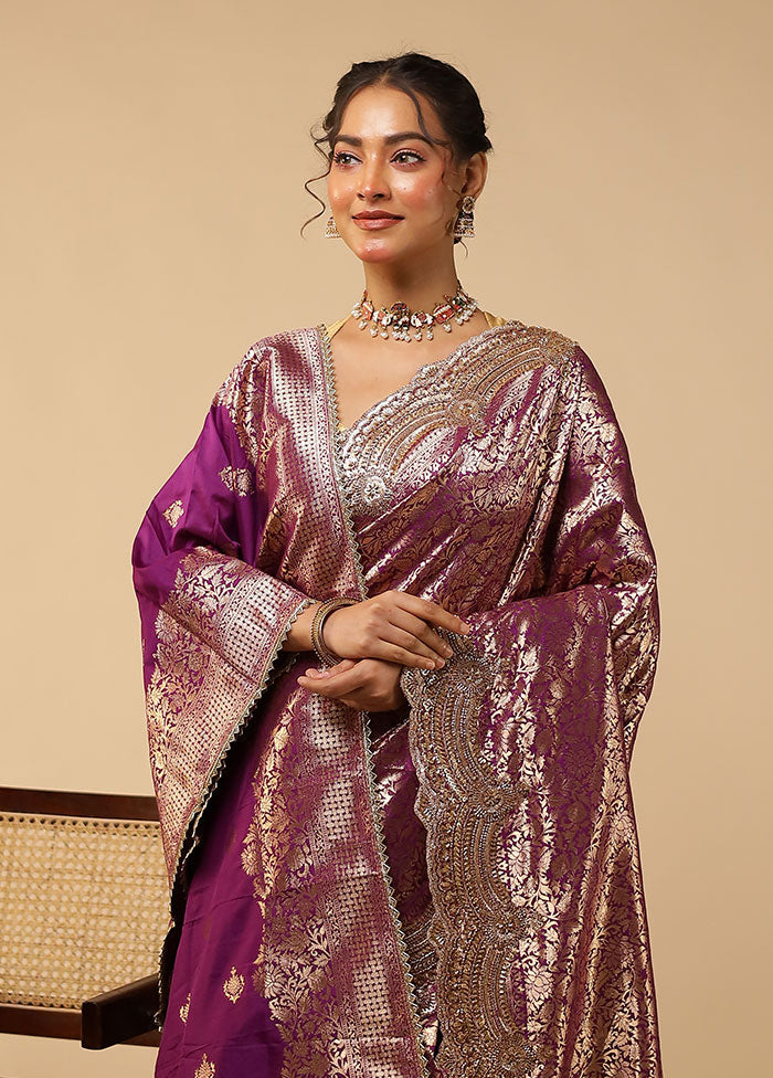 Purple Handloom Pure Georgette Saree With Blouse Piece