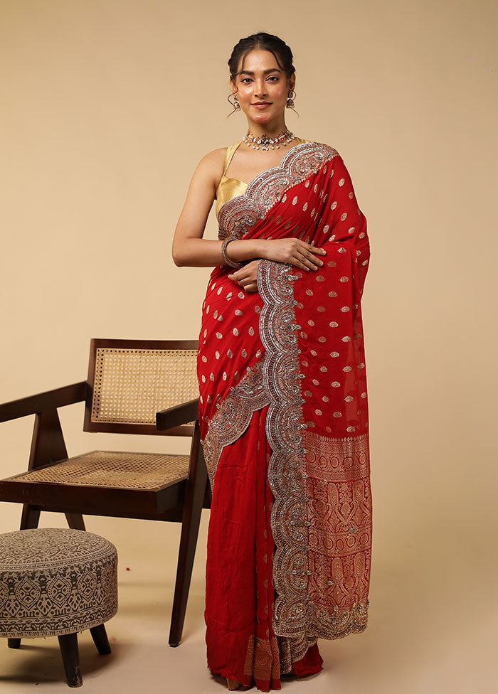 Red Handloom Pure Georgette Saree With Blouse Piece