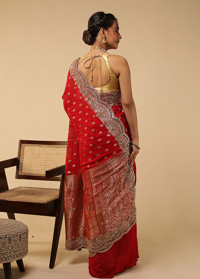 Red Handloom Pure Georgette Saree With Blouse Piece