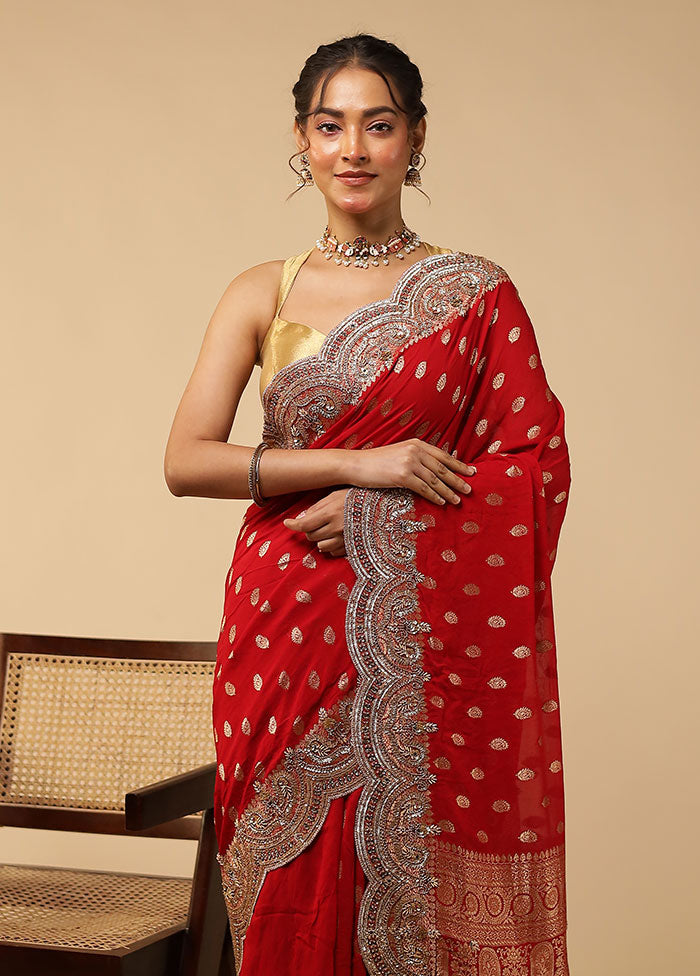 Red Handloom Pure Georgette Saree With Blouse Piece