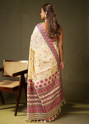 Cream Assam Silk Saree With Blouse Piece