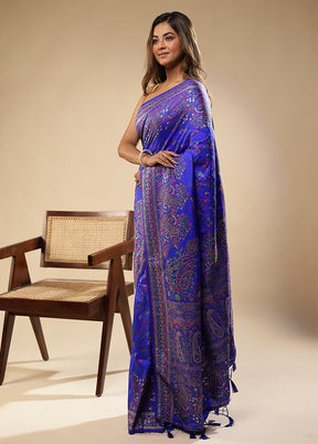 Blue Dupion Silk Saree With Blouse Piece