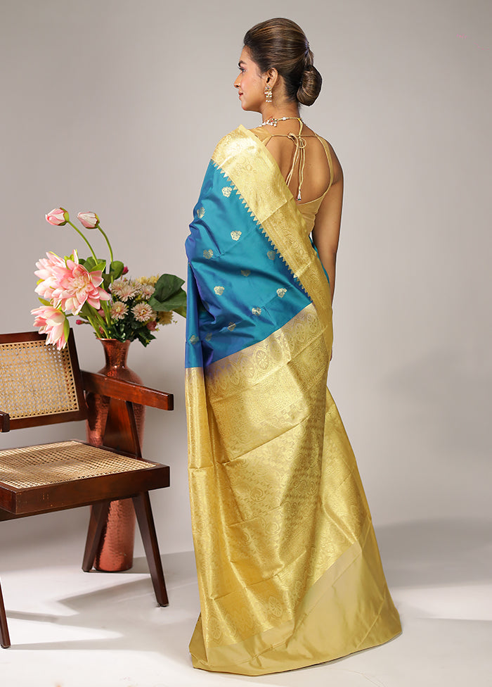 Blue Kanjivaram Silk Saree With Blouse Piece