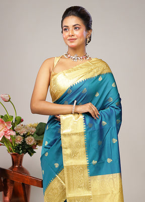 Blue Kanjivaram Silk Saree With Blouse Piece