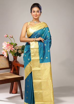Blue Kanjivaram Silk Saree With Blouse Piece