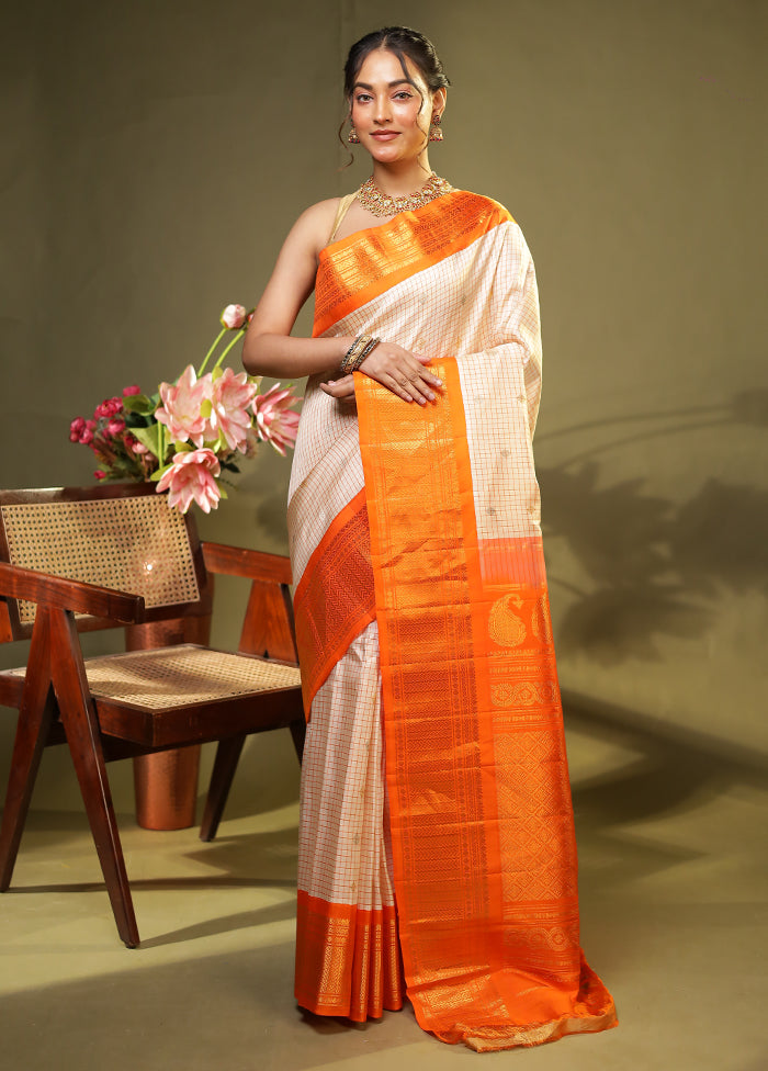 Cream Gadwal Pure Silk Saree Without Blouse Piece