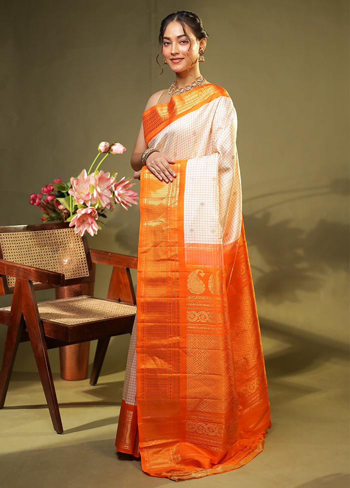 Cream Gadwal Pure Silk Saree Without Blouse Piece