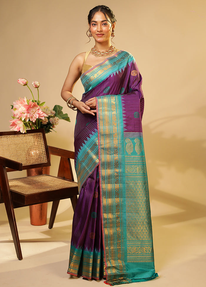 Blue Gadwal Pure Silk Saree Without Blouse Piece