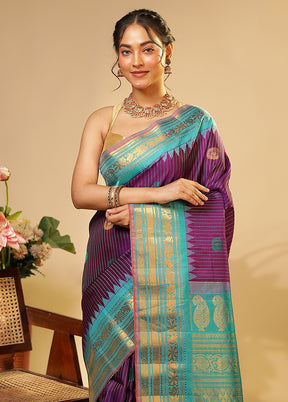 Blue Gadwal Pure Silk Saree Without Blouse Piece